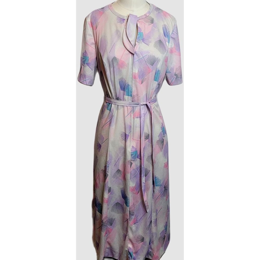 Vintage Dress Fans Feather Polyester Three R's Tie Neck Belted Short Sleeve 70s